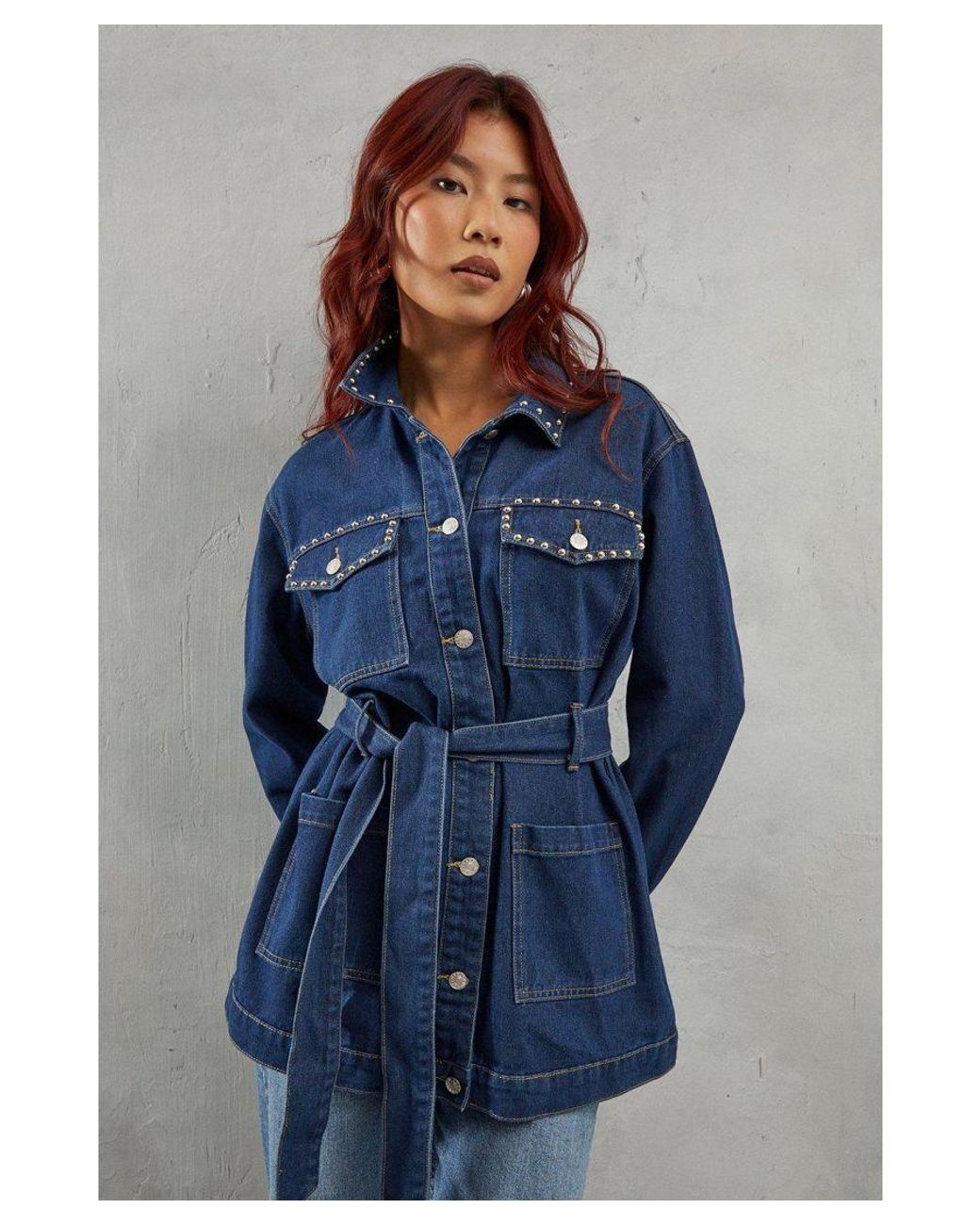 Stud Detail Belted Denim Jacket