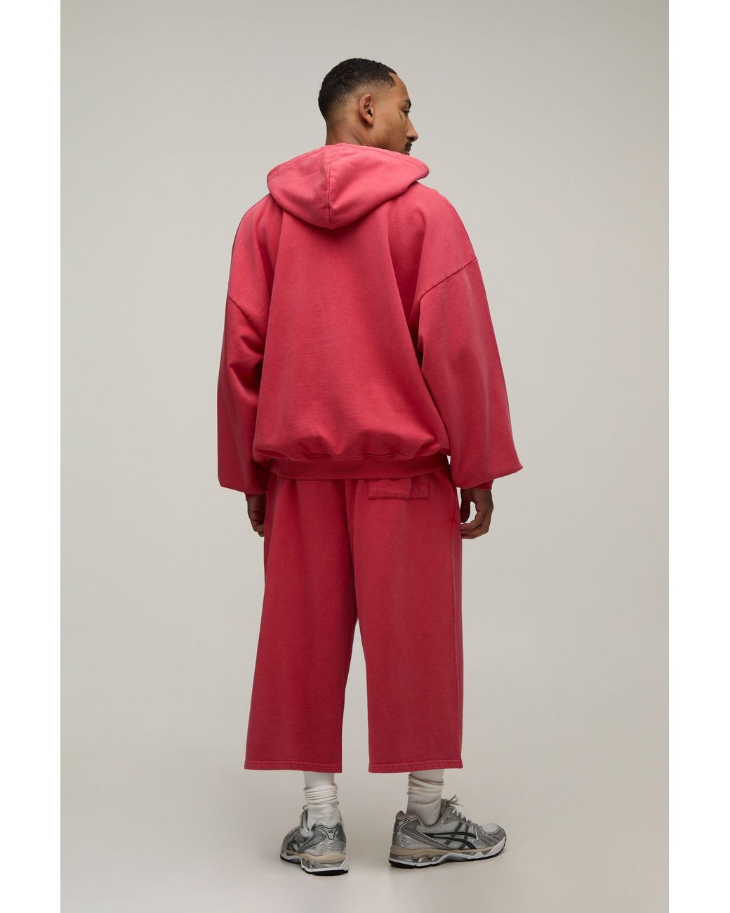 BoohooMAN Red Oversized Boxy Drop Shoulder Loopback Wash Zip Through Hoodie for men