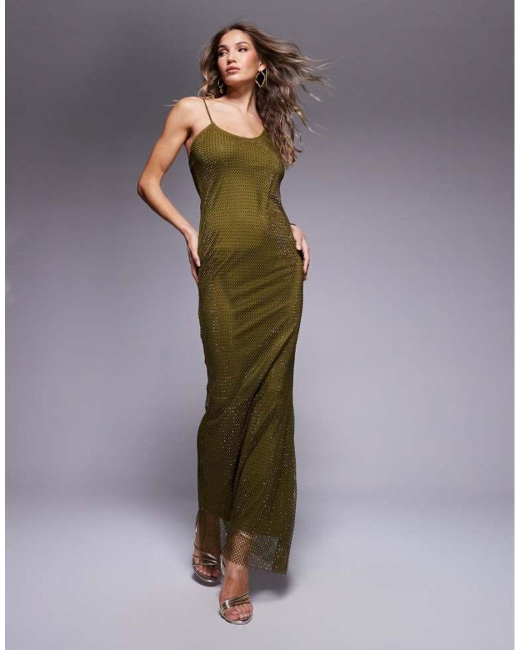 ASOS Green Fishnet Hotfix Asymmetric Cowl Maxi Dress