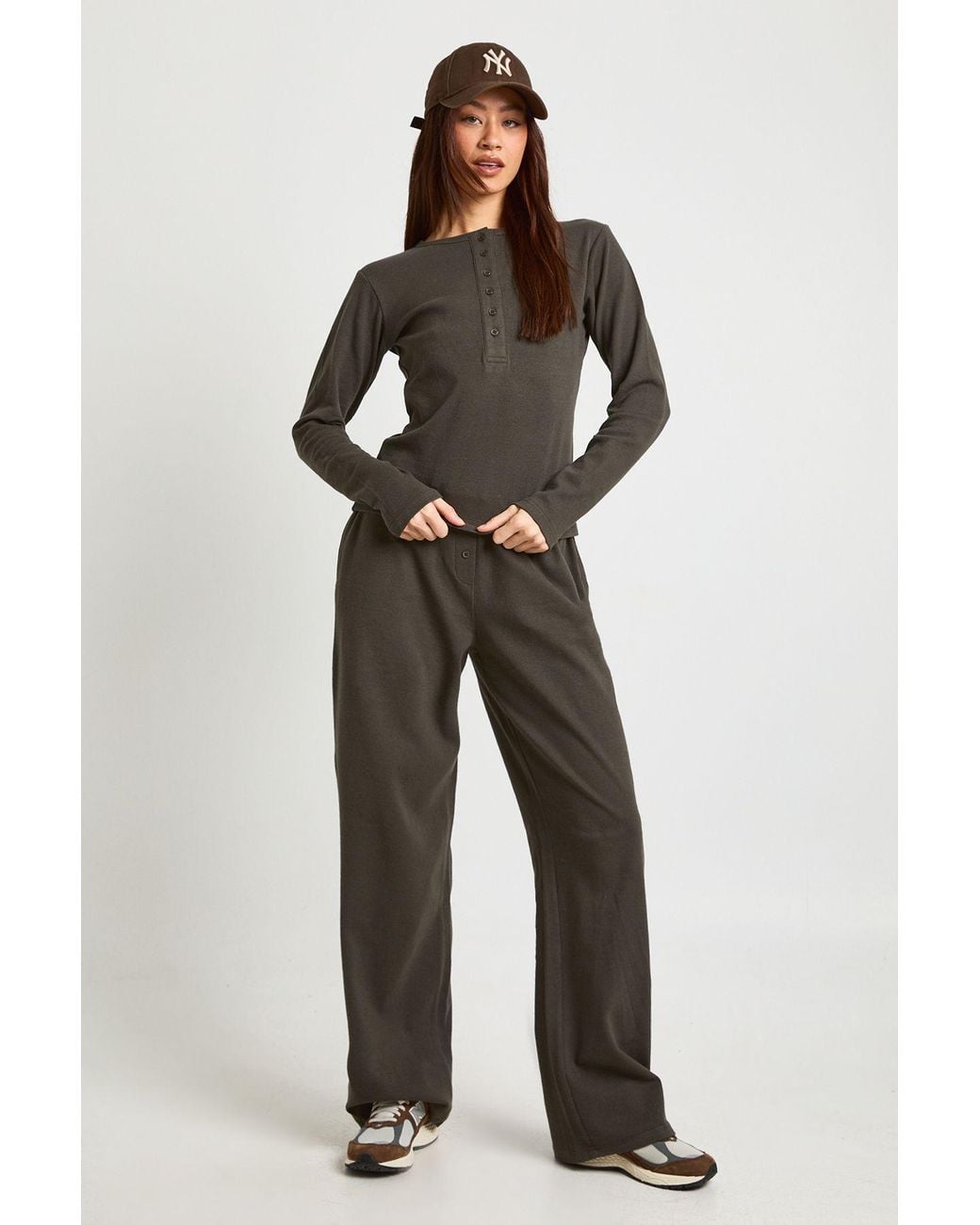 Boohoo Multicolor Tall Cotton Button Through Crew Neck Top & Trouser Co Ord