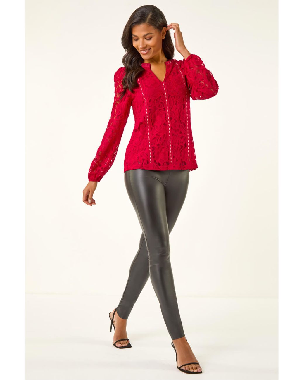 Roman Red Studded Lace Notch Neck Top