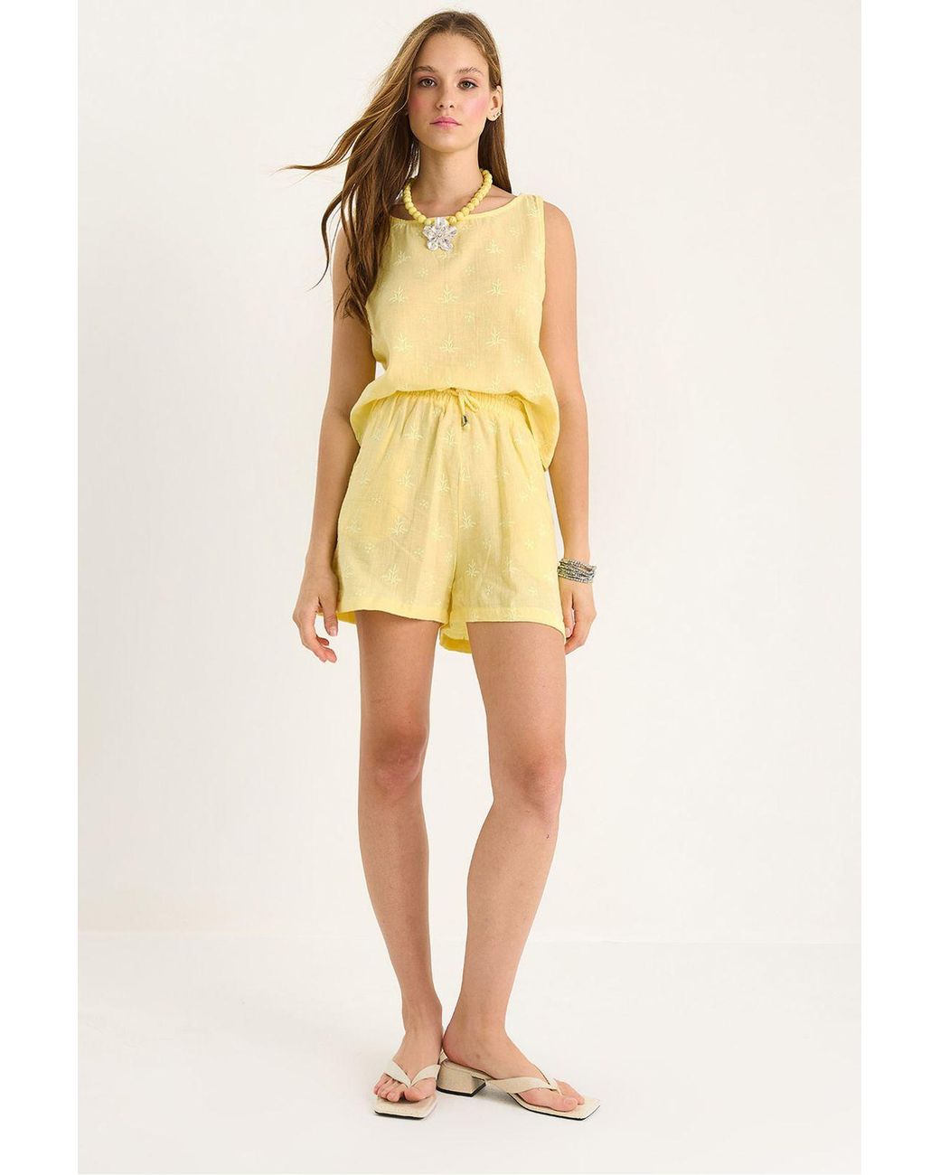 Bianco Lucci Yellow Short High Waist Two-Piece Coord Set With Button Closure
