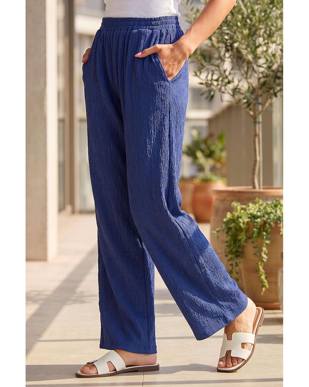 Roman Blue Crinkle Textured Stretch Trouser