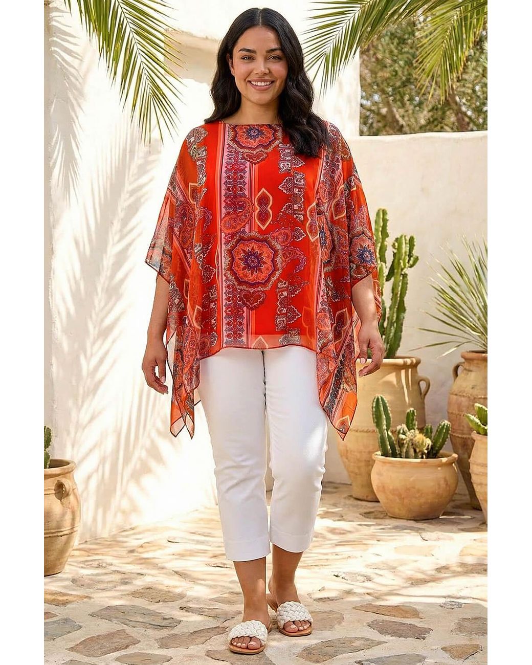 Roman Red Curve Ikat Paisley Asymmetric Overlay Top