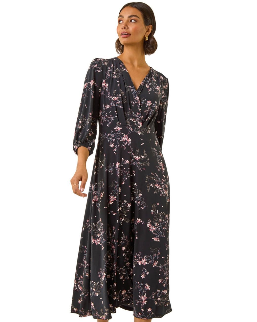 Roman Black Floral Print Stretch Midi Dress