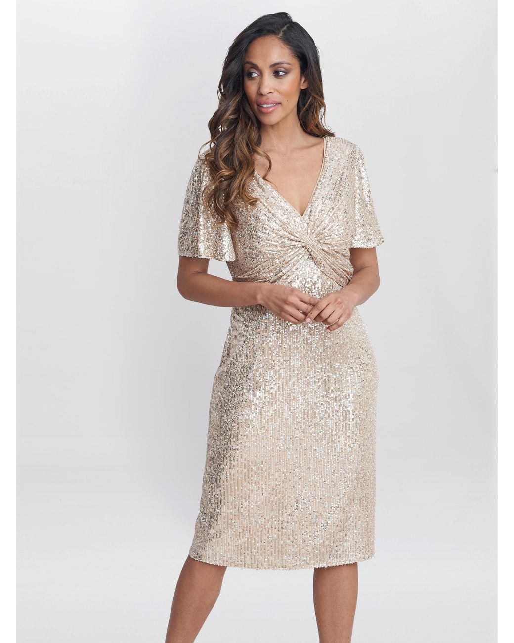 Gina Bacconi Natural Krista V Neck Twist Sequin Dress