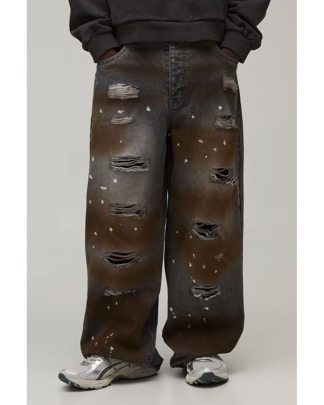 BoohooMAN Black Super Baggy Paint Splatter Distressed Ripped Jeans for men