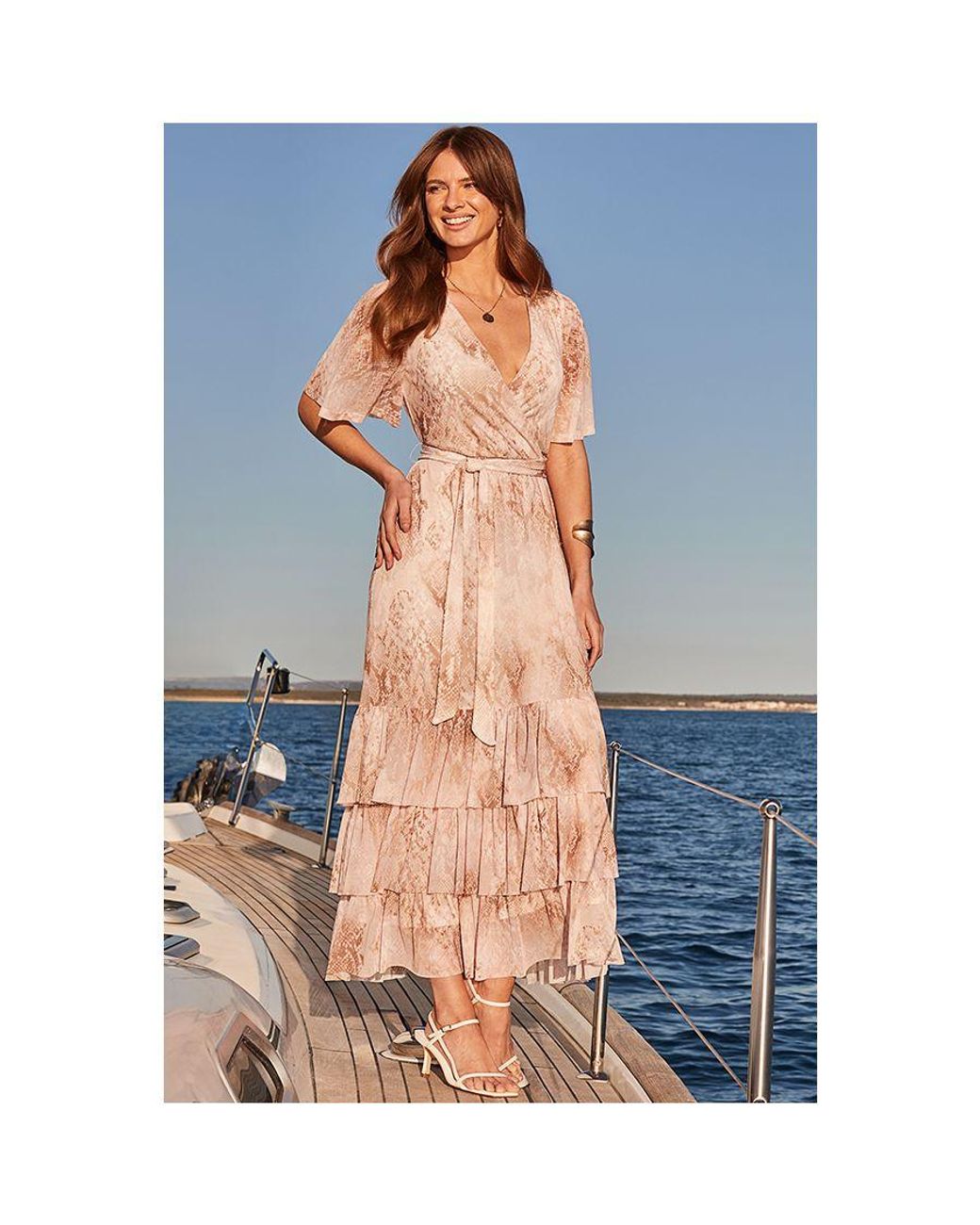Sosandar Blue Snake Print Tiered Hem Wrap Jersey Midi Dress
