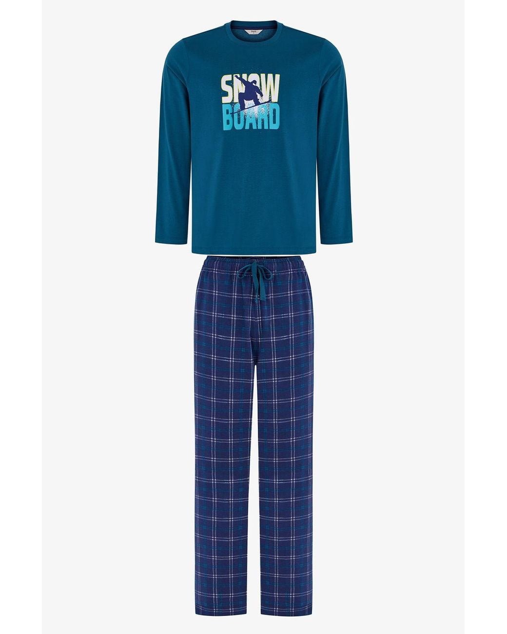 Penti Blue Winter Board Geometric Pattern Trousers Long Sleeve Pajama Set for men