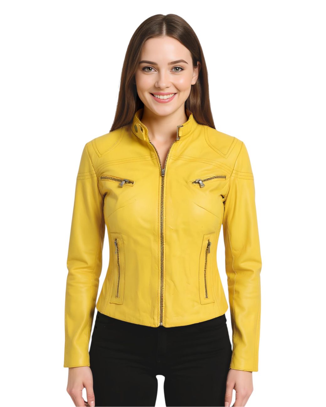 Infinity Leather Yellow Casual Slim-Fit Biker Jacket-Tulsa Lamb Leather