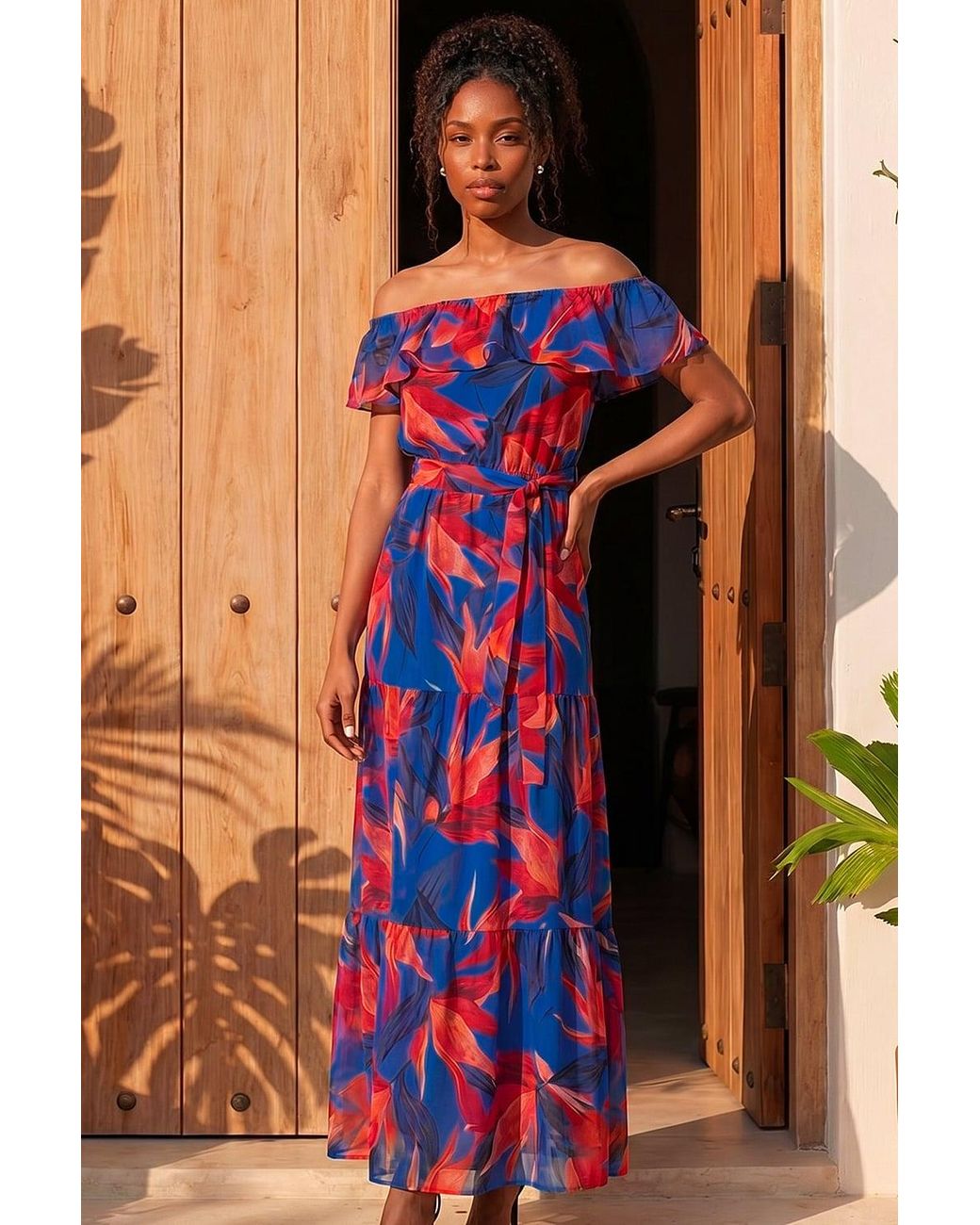 Roman Blue Floral Print Bardot Belted Maxi Dress