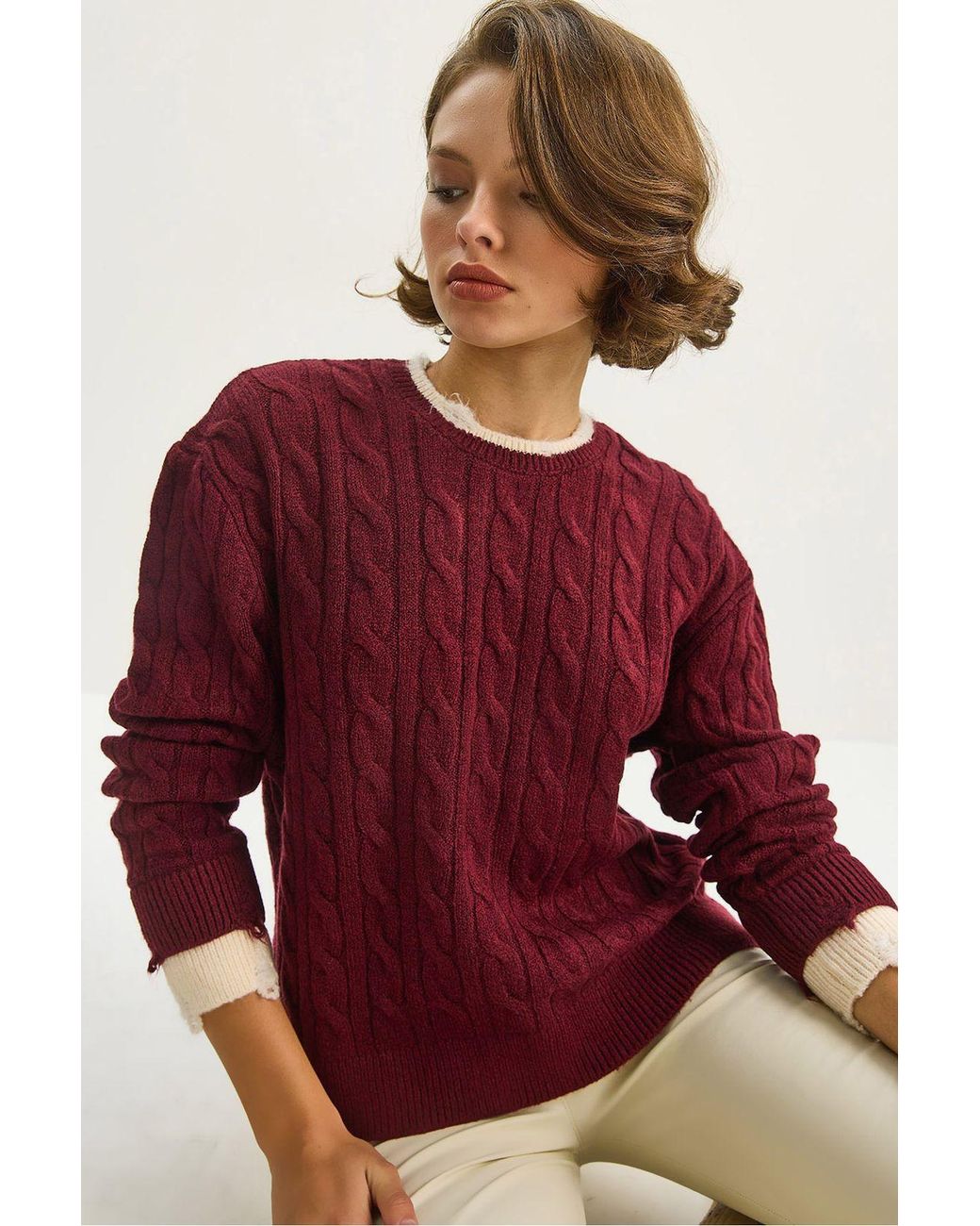 Bianco Lucci Red Hair Braid Patterned Sweater