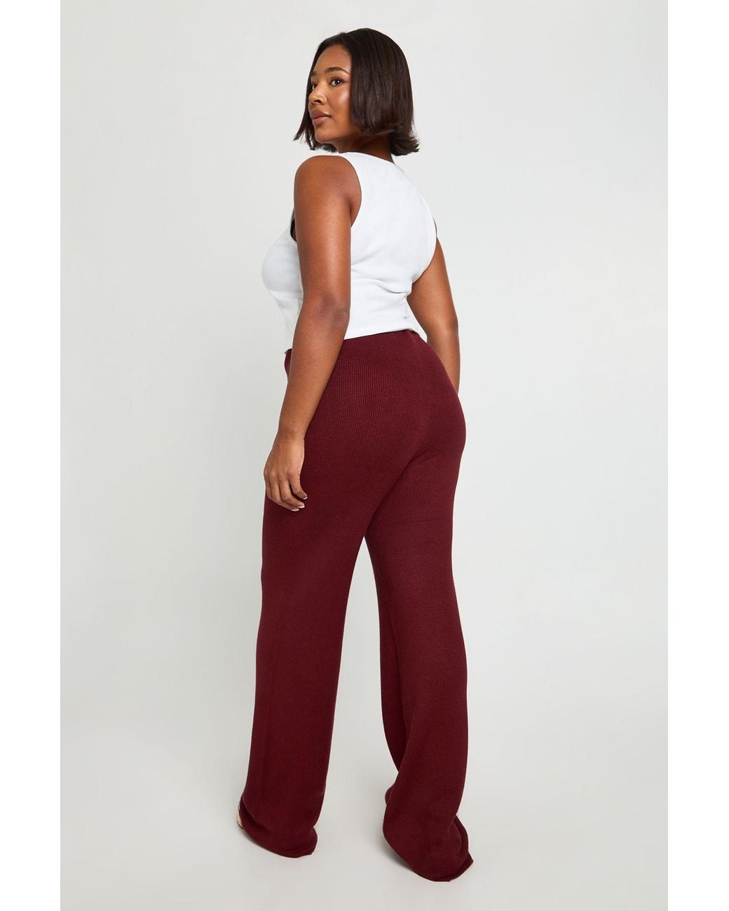 Boohoo Red Plus Premium Rib Knit Wide Leg Trouser