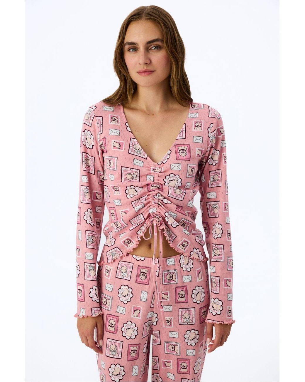 Penti Red Postcard Pointel Long Sleeve T-Shirt Pyjama Top