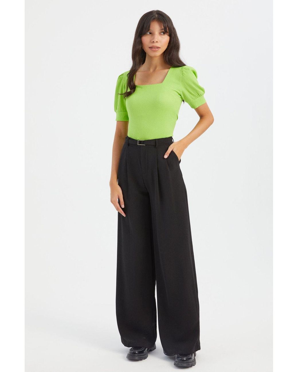 Hiccup Green Square Neck Balloon Sleeves Top