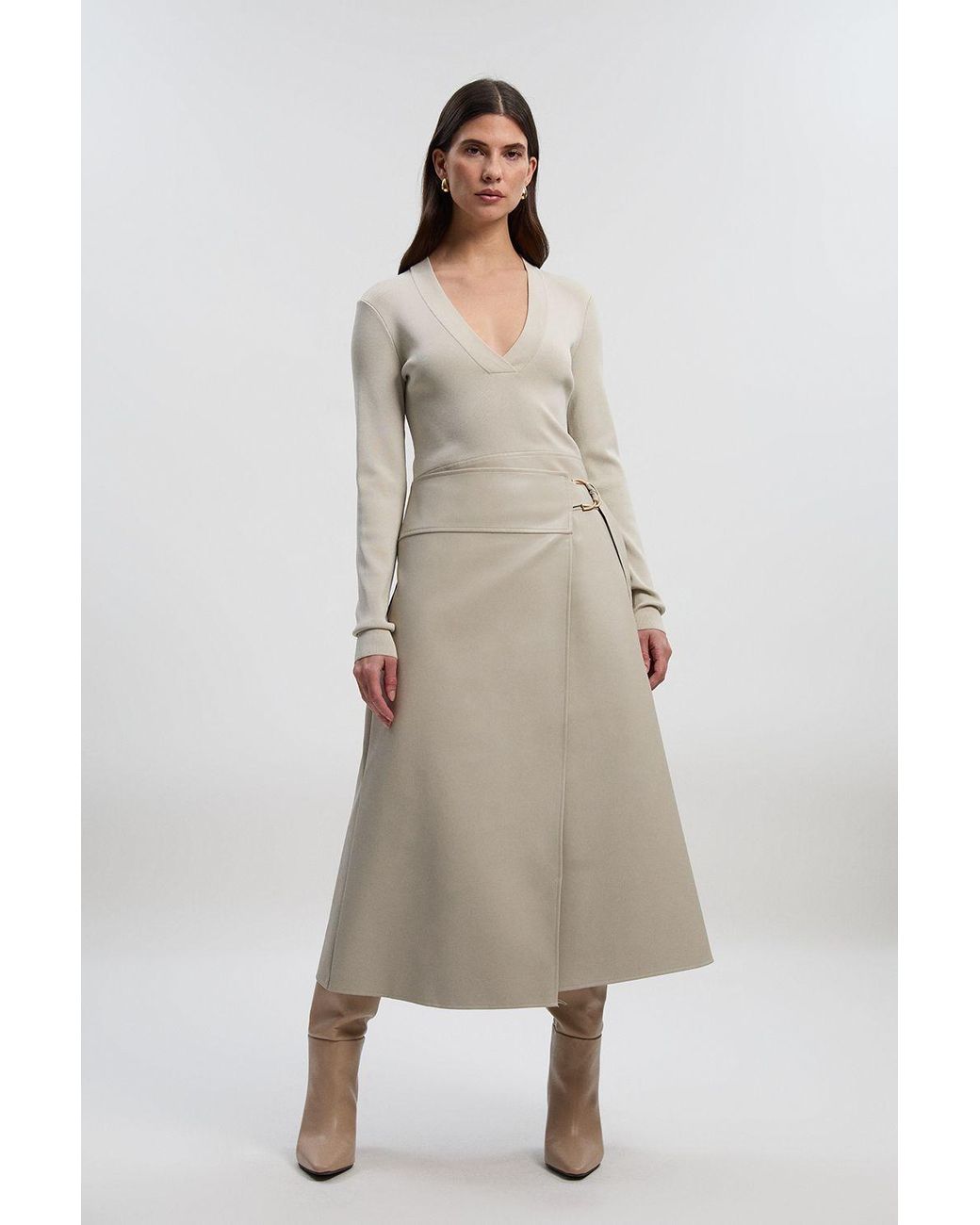 Karen Millen Natural Figure Form Pu Mix Tab Detail Pleated Knit Midi Dress