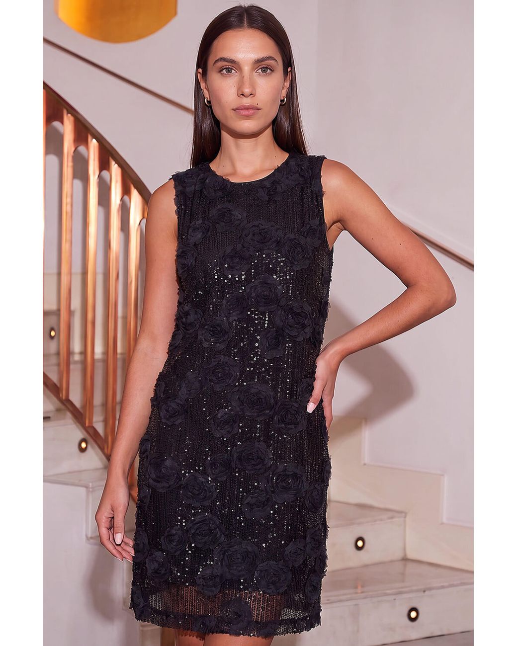 Roman Black Floral Sequin Shift Dress