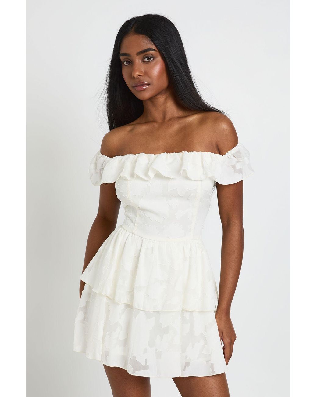 Boohoo White Textured Floral Bardot Mini Dress