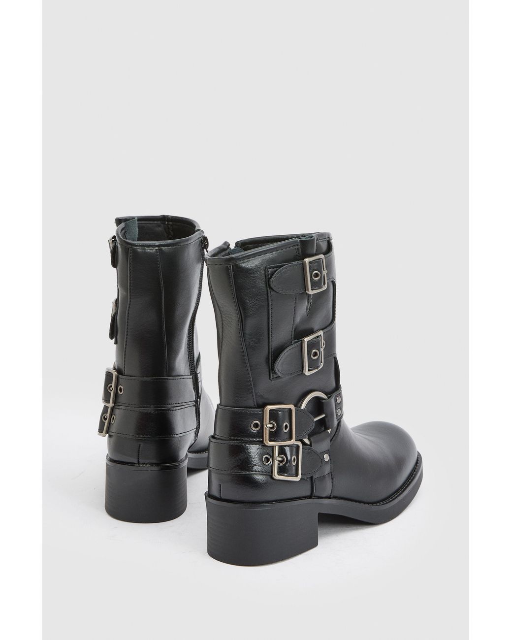 Faith Black Seline Faux Leather Medium Block Heel Biker Boots
