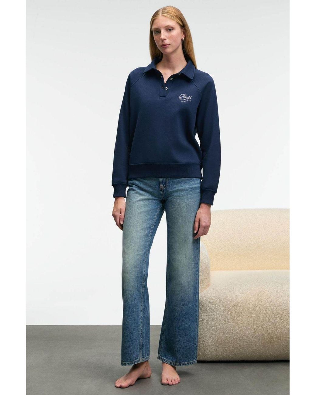 Grimelange Blue Polo Collar Button Sweatshirt