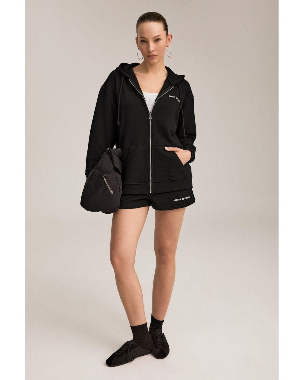 Grimelange Black Oversized Hooded Zipper Sweatshirt