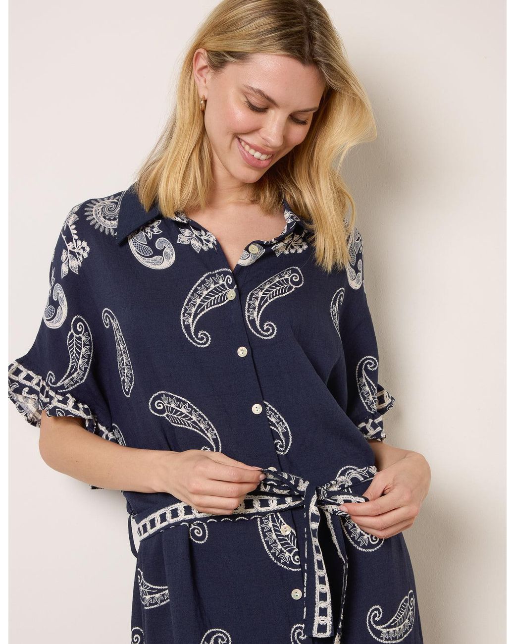 Blue Vanilla Blue Paisley Print Belted Shirt Dress