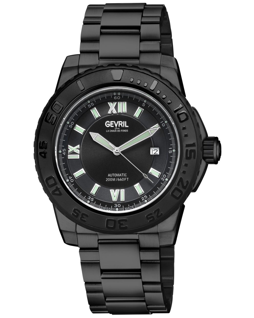 Gevril Black Seacloud Swiss Automatic Movement Sa100 Dial, Stainless Steel Bracelet Watch for men