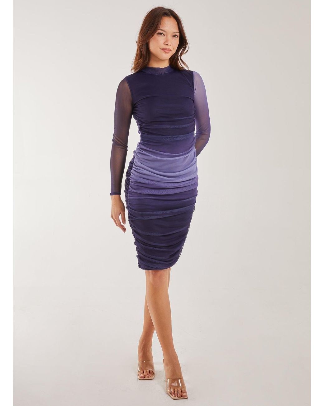 Pink Vanilla Blue Long Sleeve Ombre Mesh Midi Dress