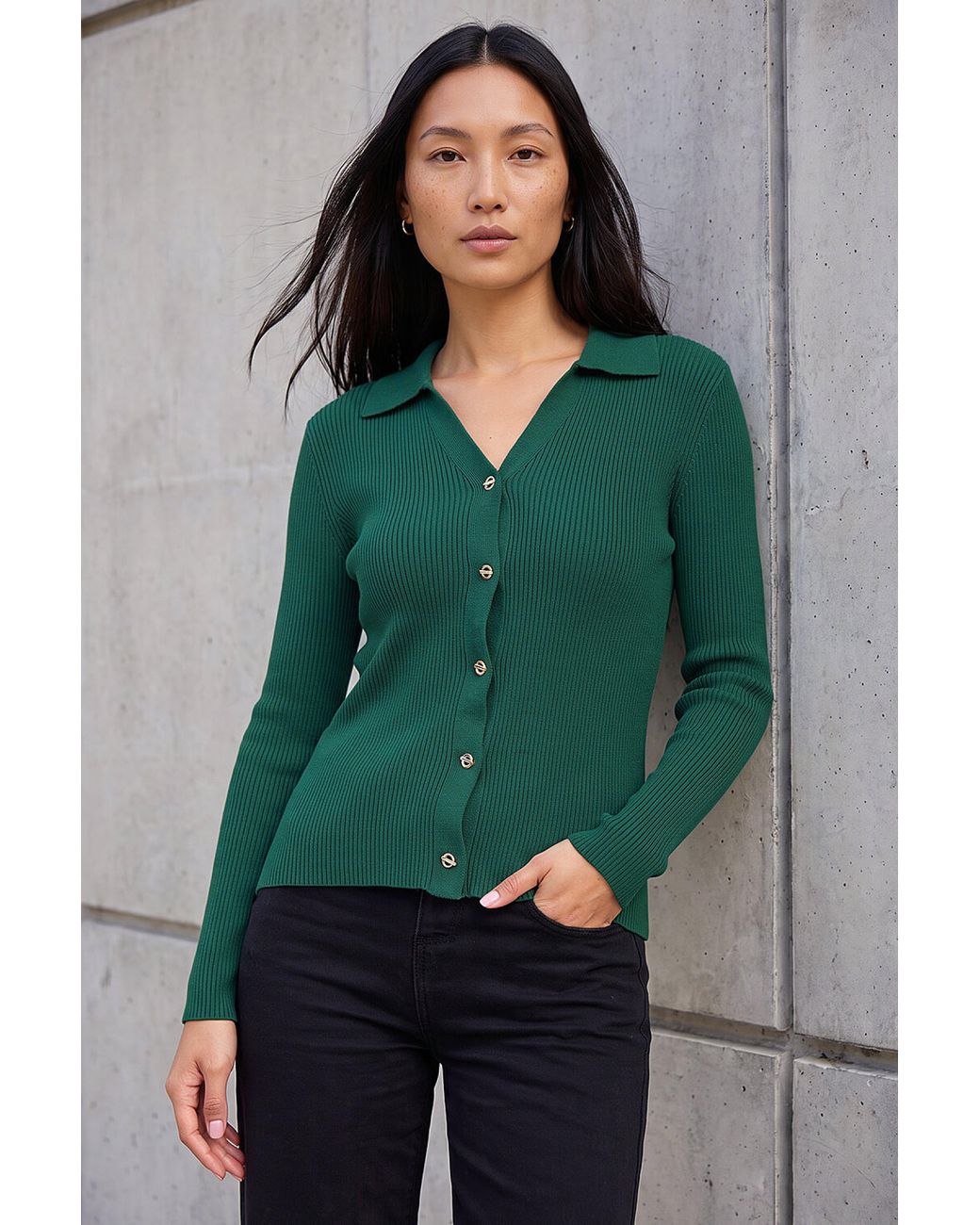 Roman Green Buttoned Ribbed Henley Style Knit
