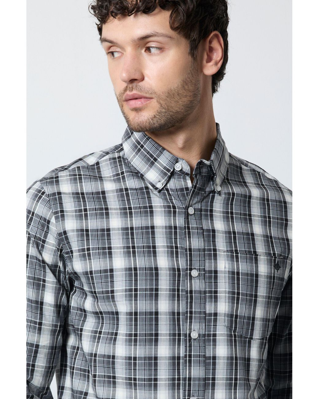 MAINE Blue Dark Plaid Check Long Sleeve Shirt for men