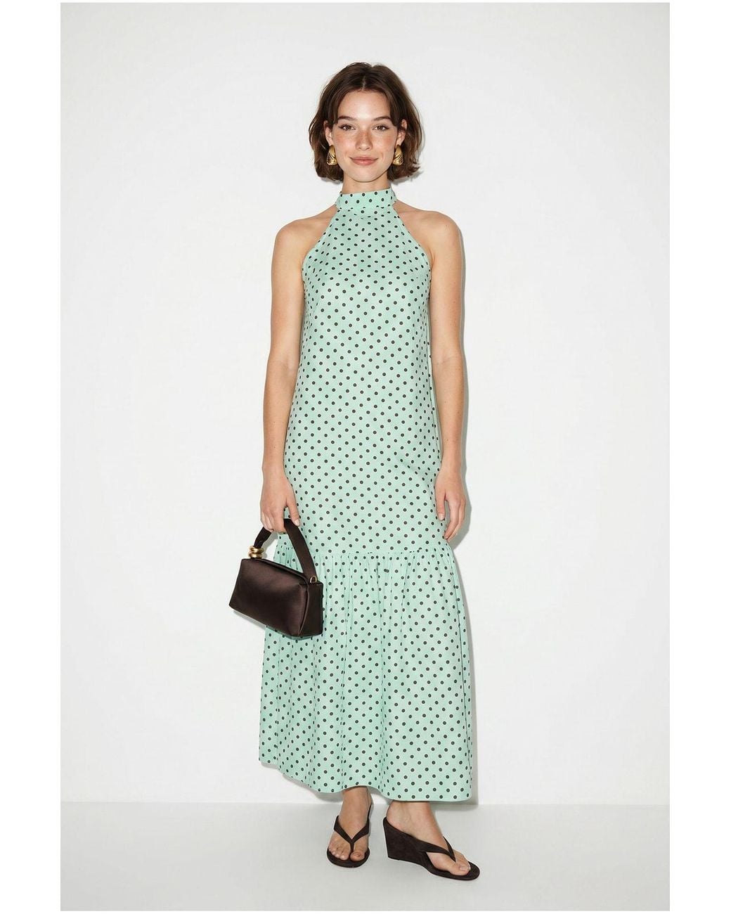 Bianco Lucci Green Halter Polka Dot A-Line Maxi Dress
