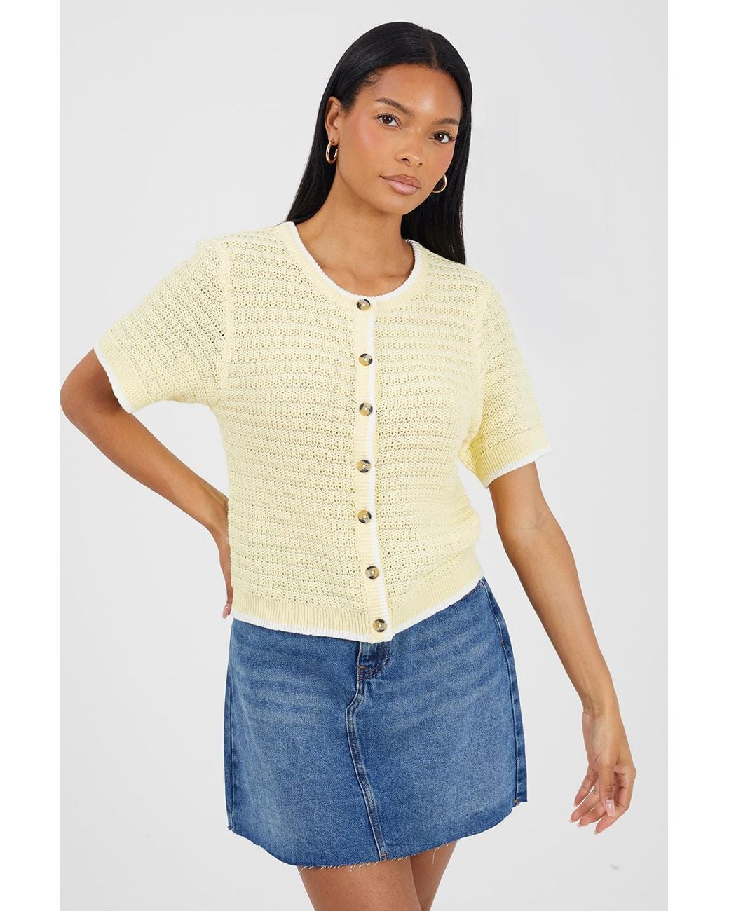 Brave Soul Blue Stitch Detail Short Sleeve Crew Neck Cardigan