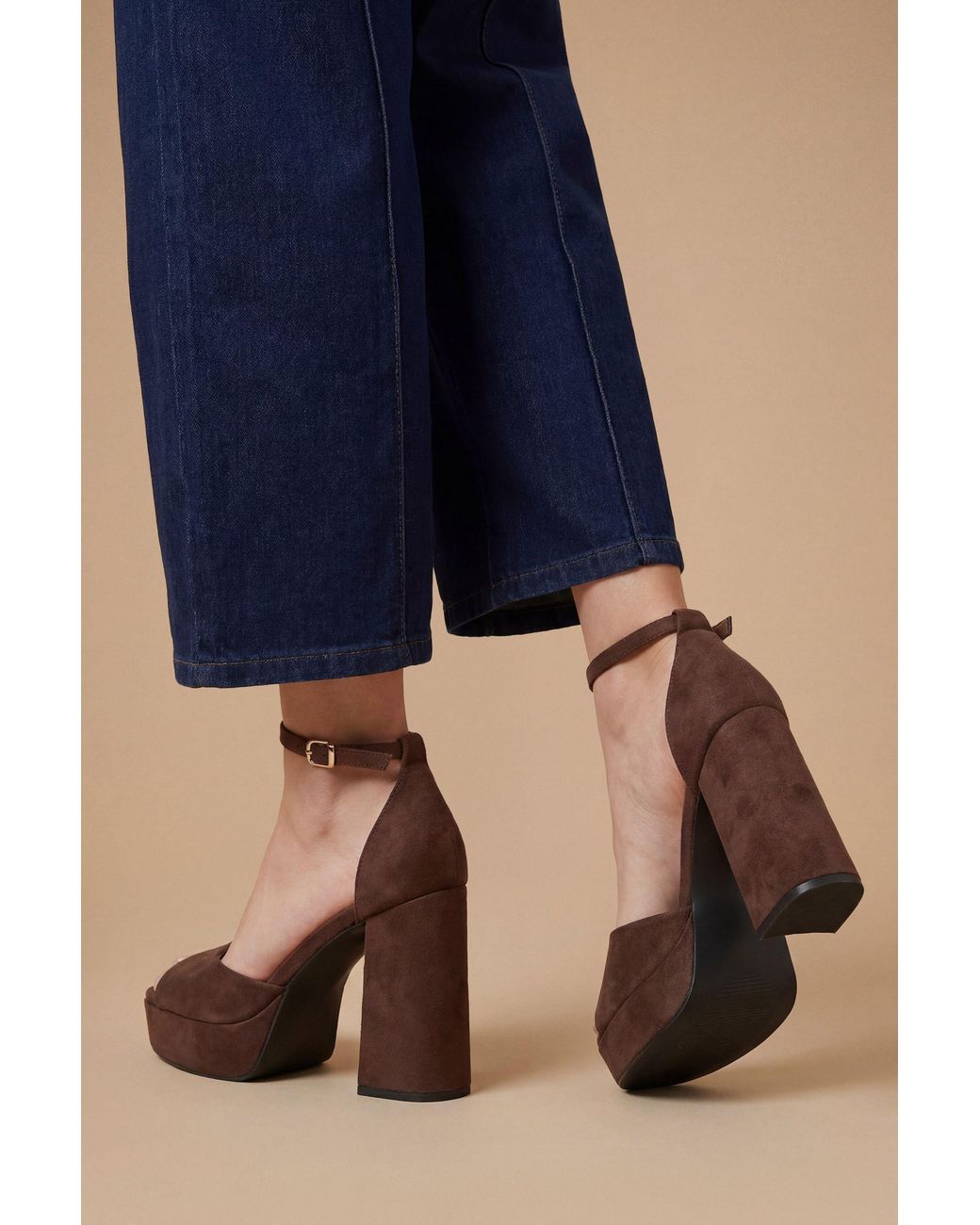 Faith Blue Hope Faux Suede Peeptoe High Block Heel Platform Sandals
