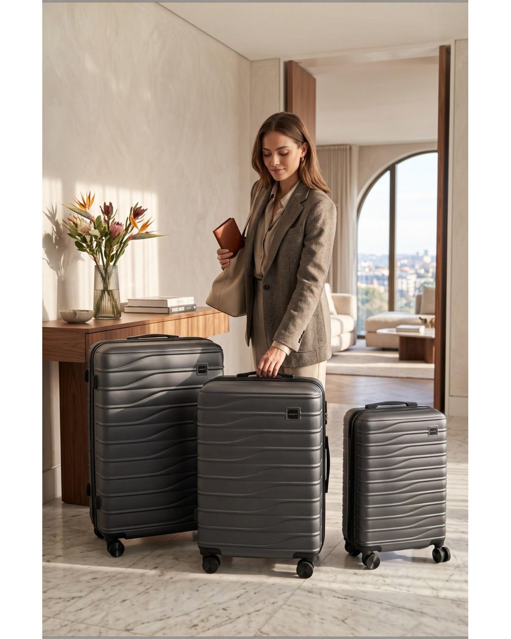 Infinity Leather Gray Hardshell 8 Wheel Luggage Case Bag Suitcase Set