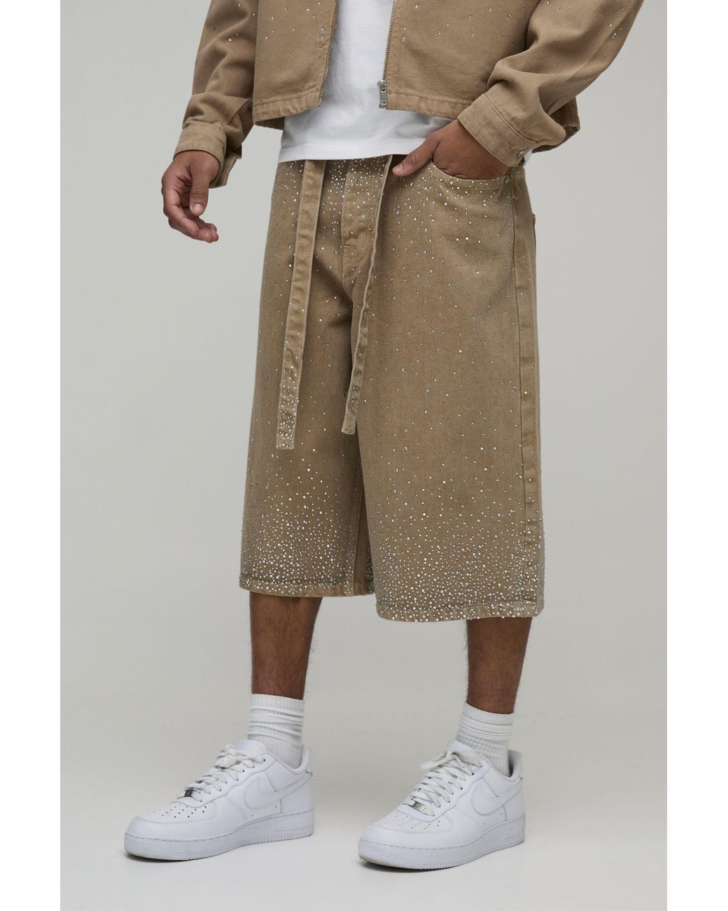 BoohooMAN Green Washed Relaxed Fit Belted Rhinestone Denim Jorts for men
