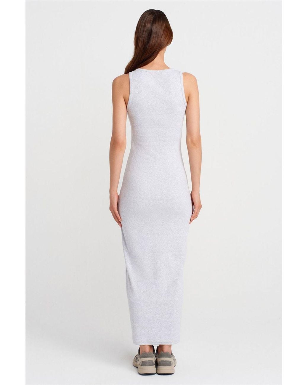 Dilvin White Ribbed Cotton Blend Sleeveless Maxi Dress