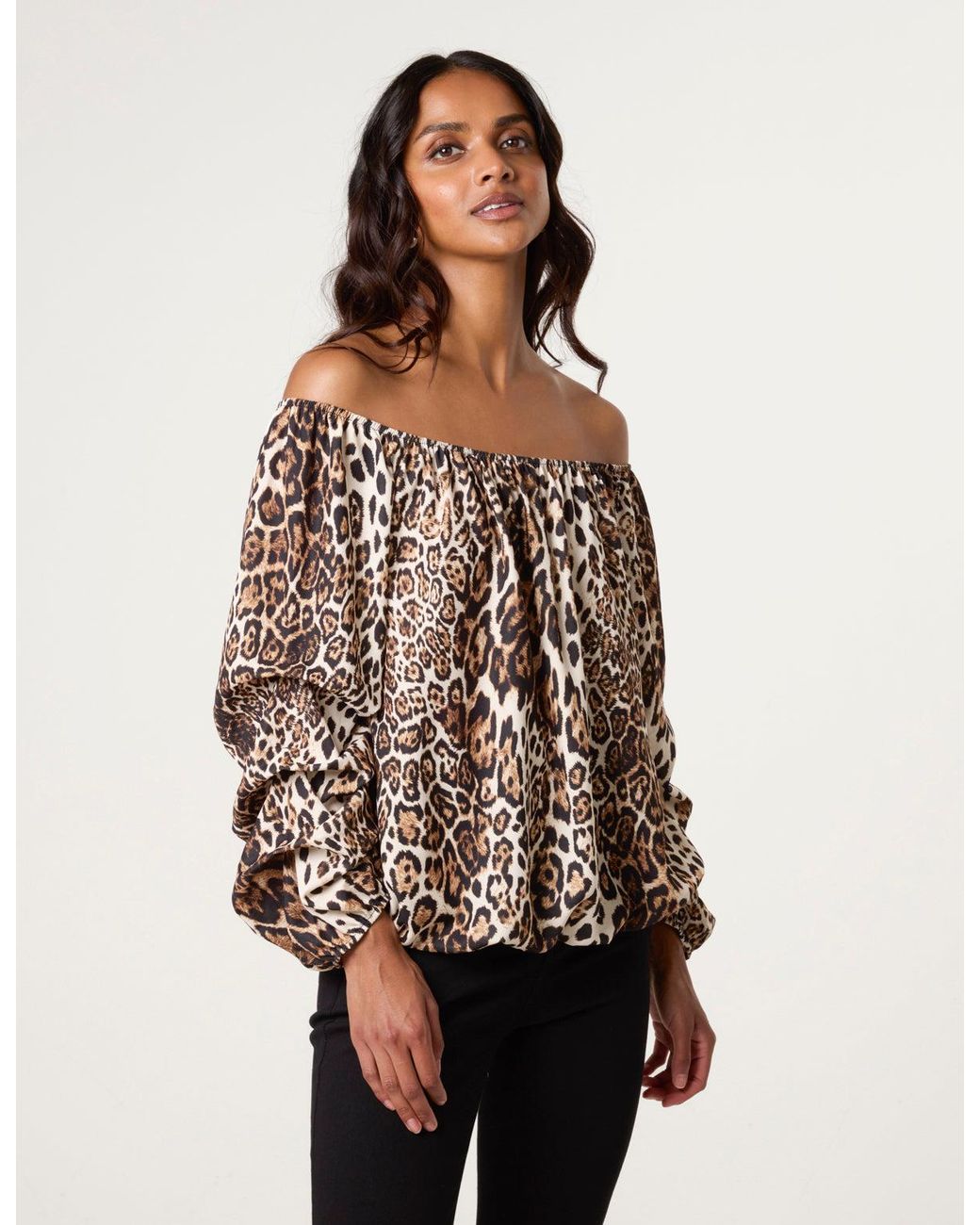 Blue Vanilla Natural Leopard Print Bardot Rouched Sleeve Top