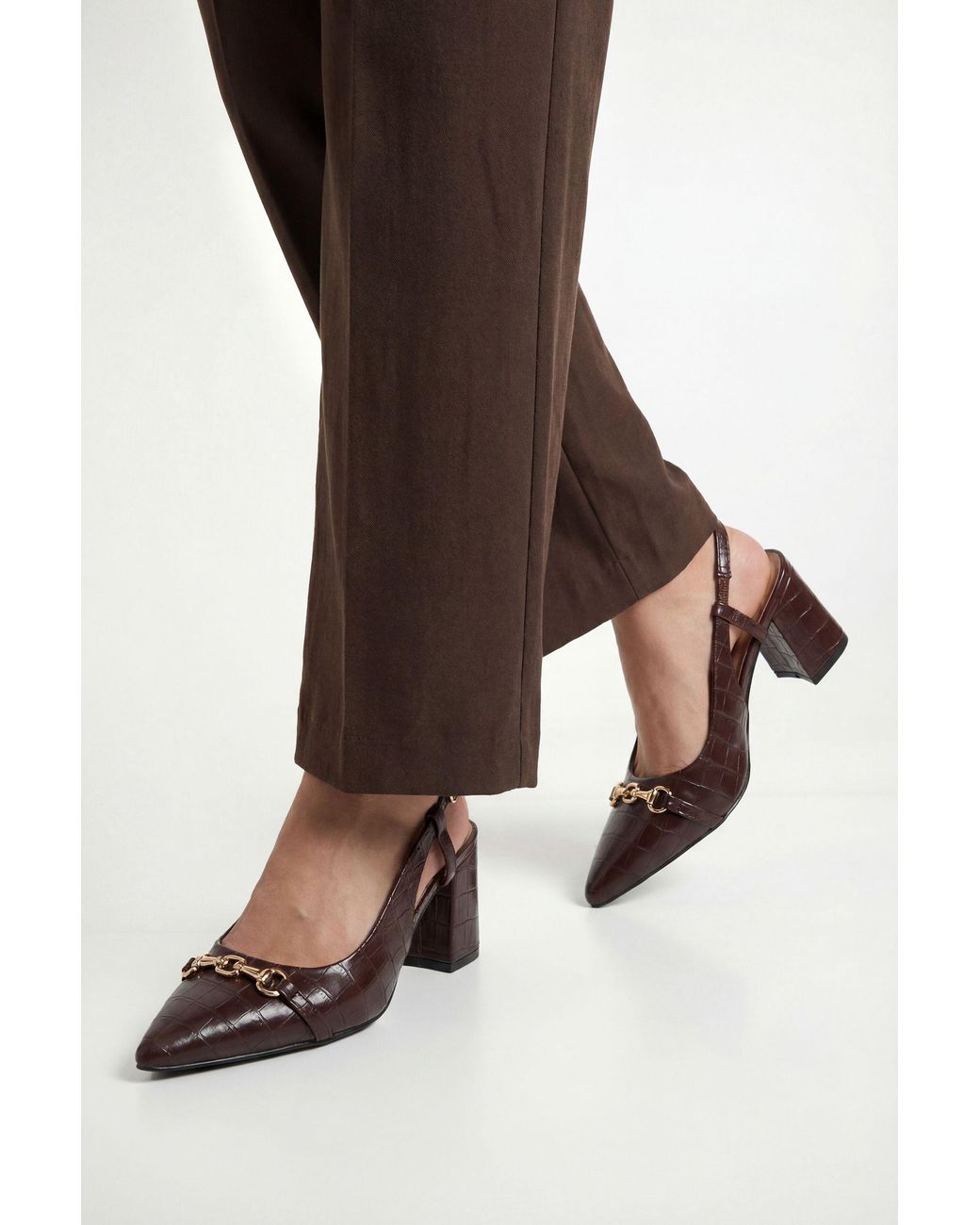Wallis Brown Wide Fit Darcia Snaffle Detail Pointed Block Heel Slingback Court Shoes
