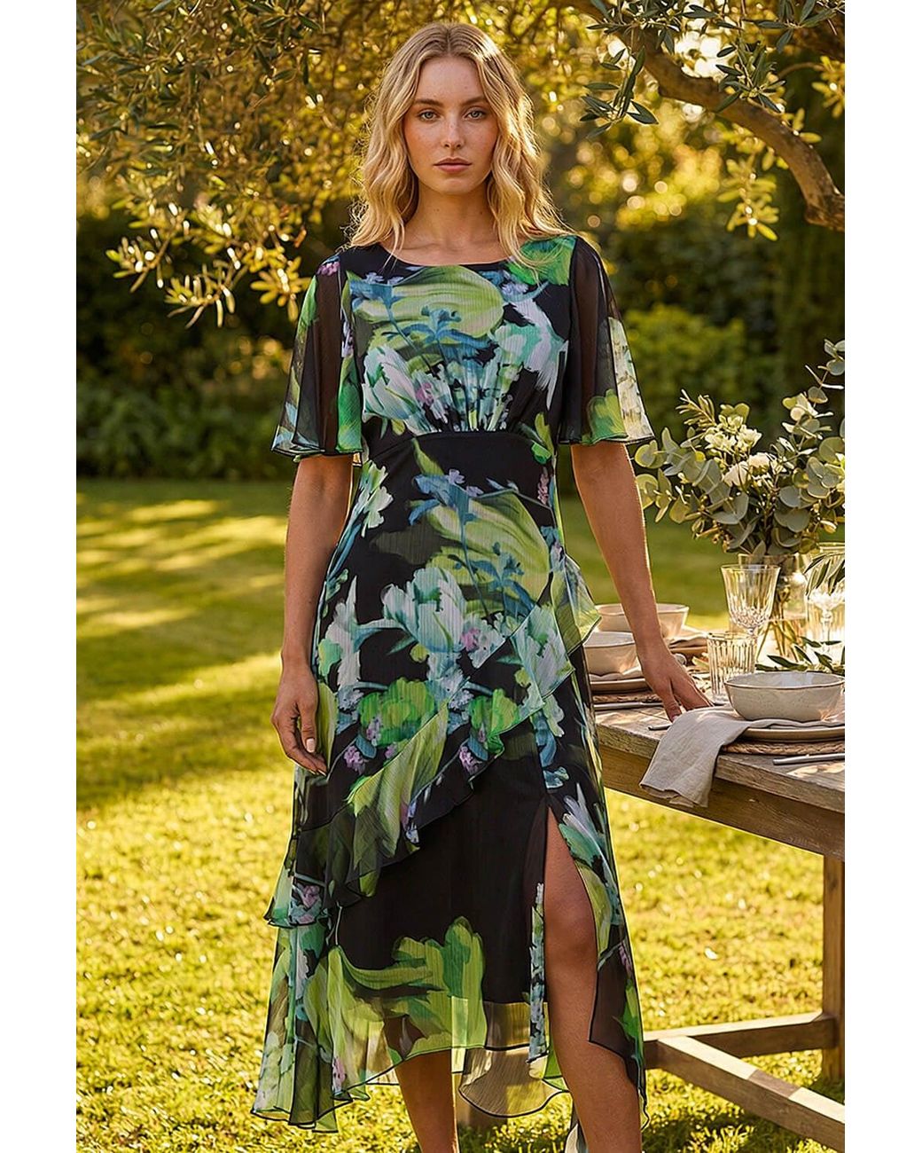 Roman Green Botanical Floral Frill Dress