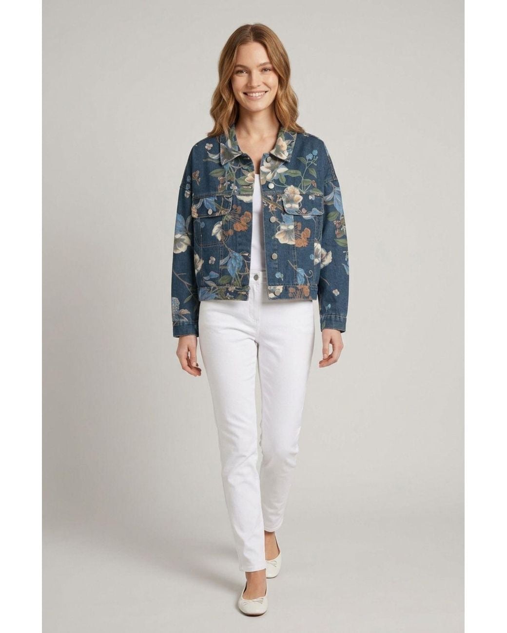 Izabel London Blue Floral Print Drop Shoulder Denim Jacket