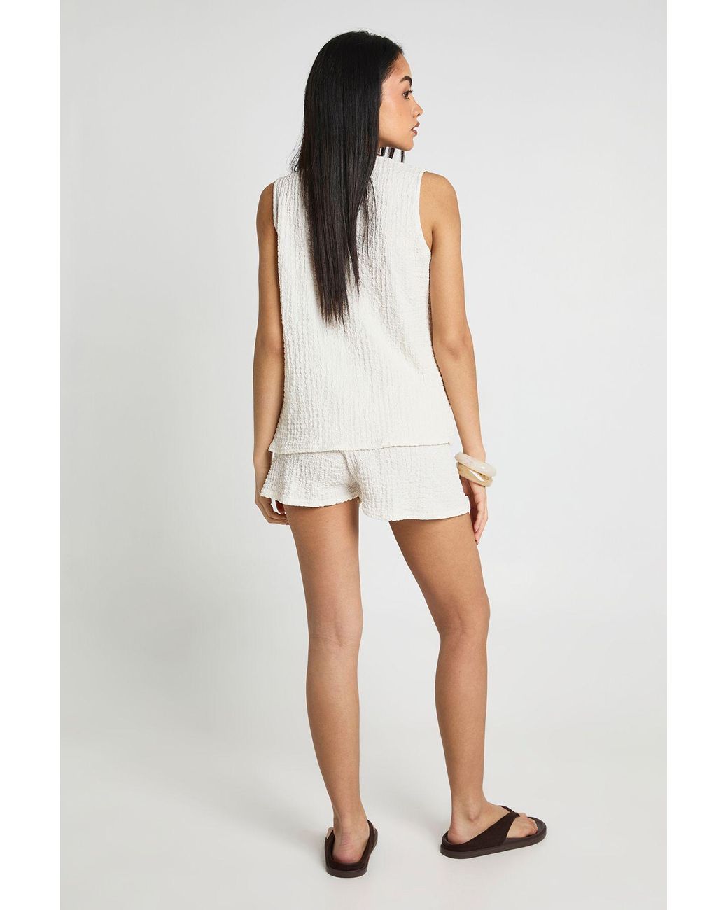 Boohoo Natural Textured Tie Front Sleeveless Top