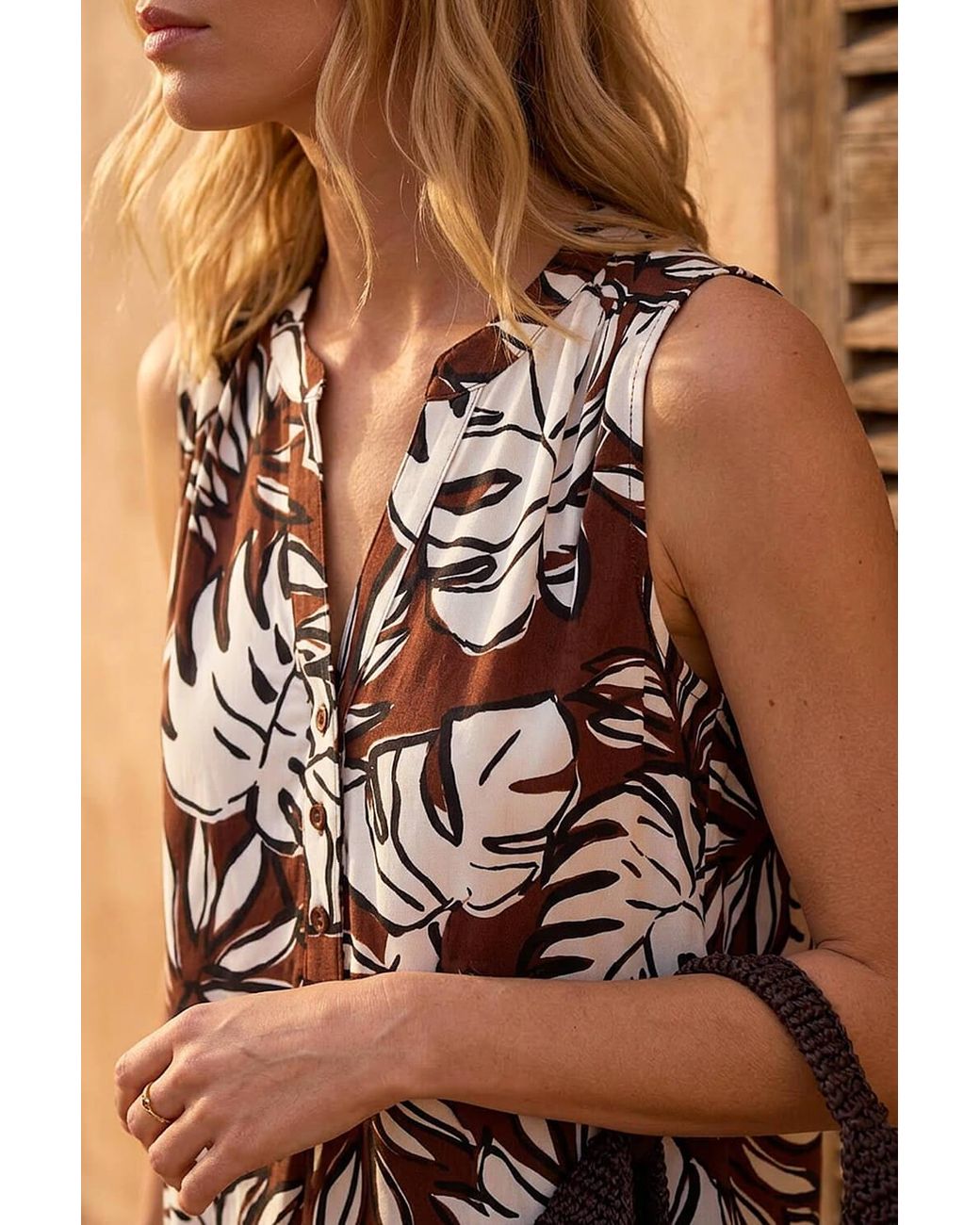 Roman Natural Leaf Puff Print Gathered Vest Top