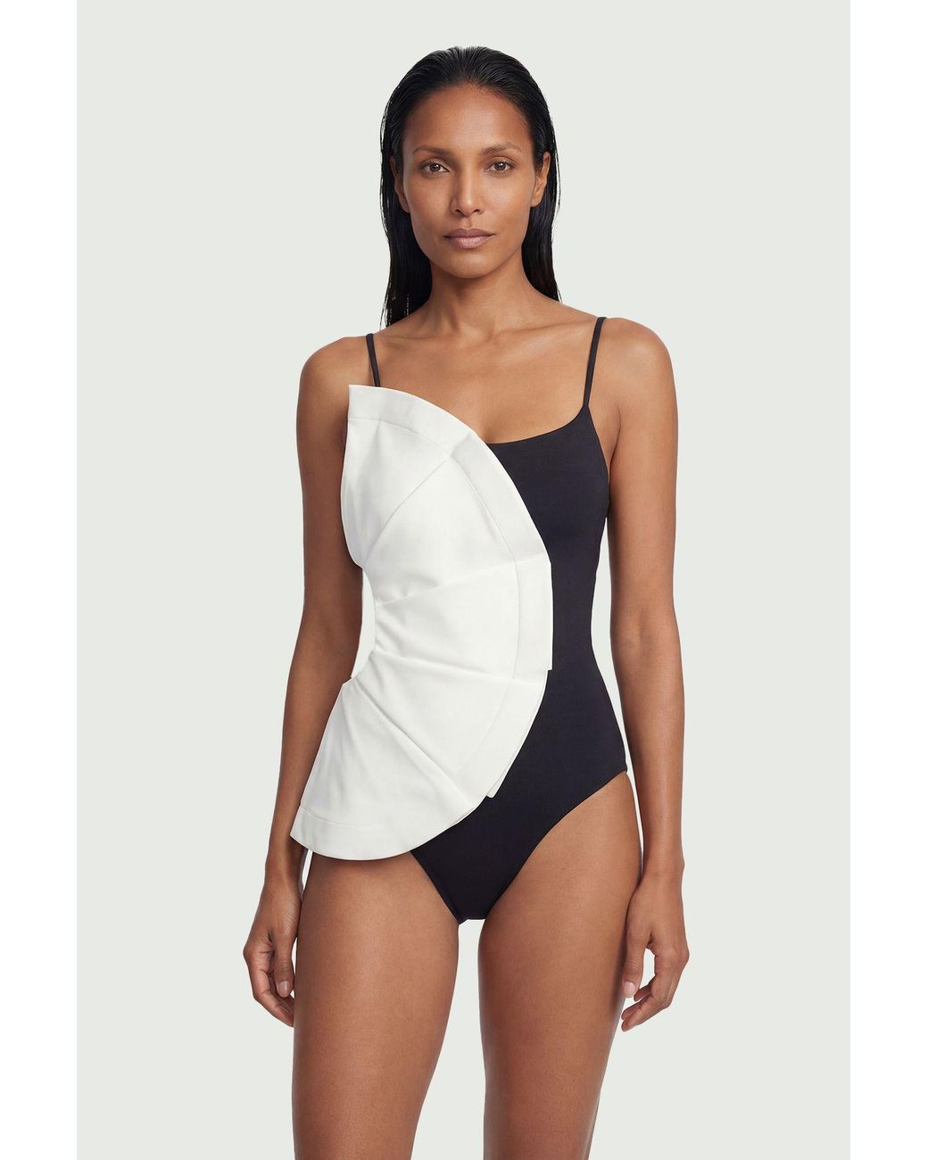 Karen Millen White Drama Ruffle Strappy High Leg Swimsuit