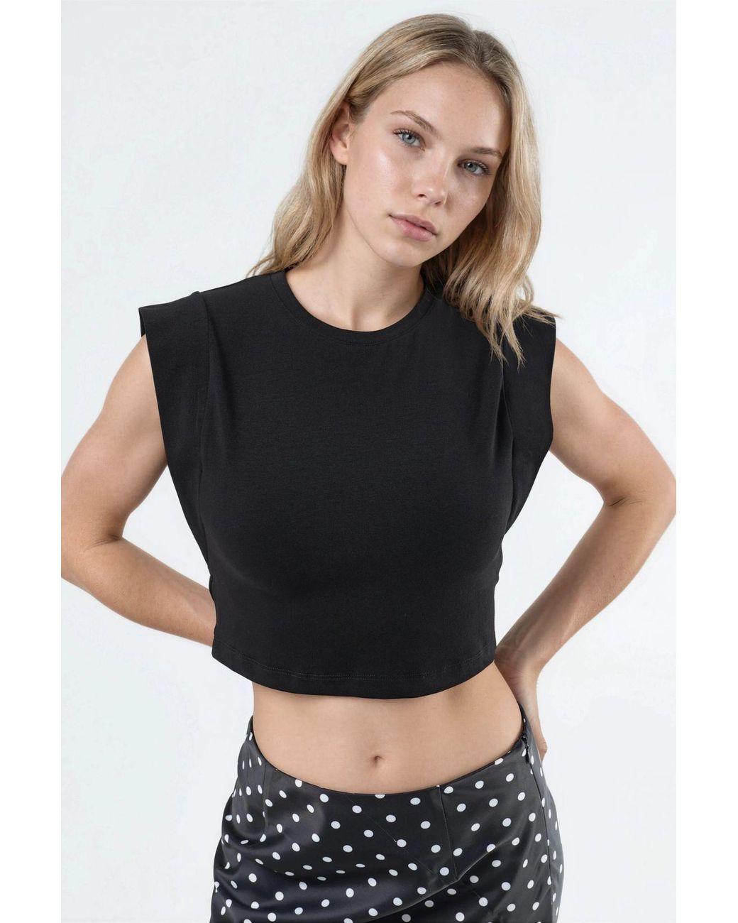 Busem Black Crew Neck Cotton Blend Sleeveless Crop Top