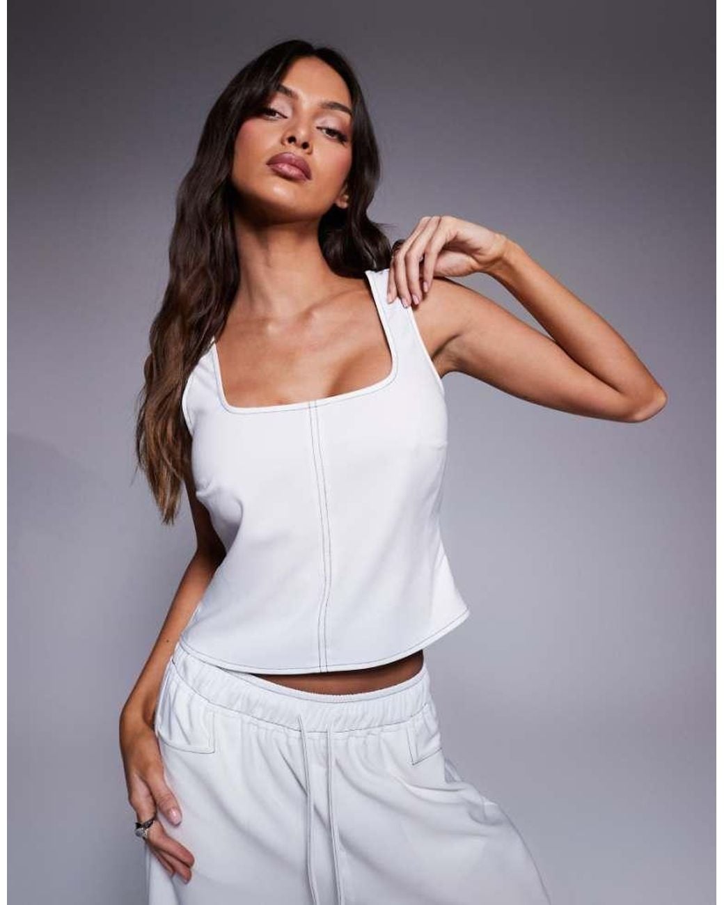 ASOS Gray Square Neck Contrast Stitching Co-Ord Top