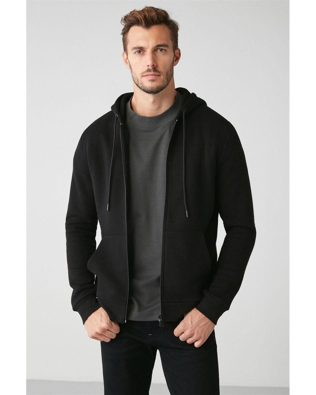 Grimelange Black Hooded Zip Regular Sweatshirt for men