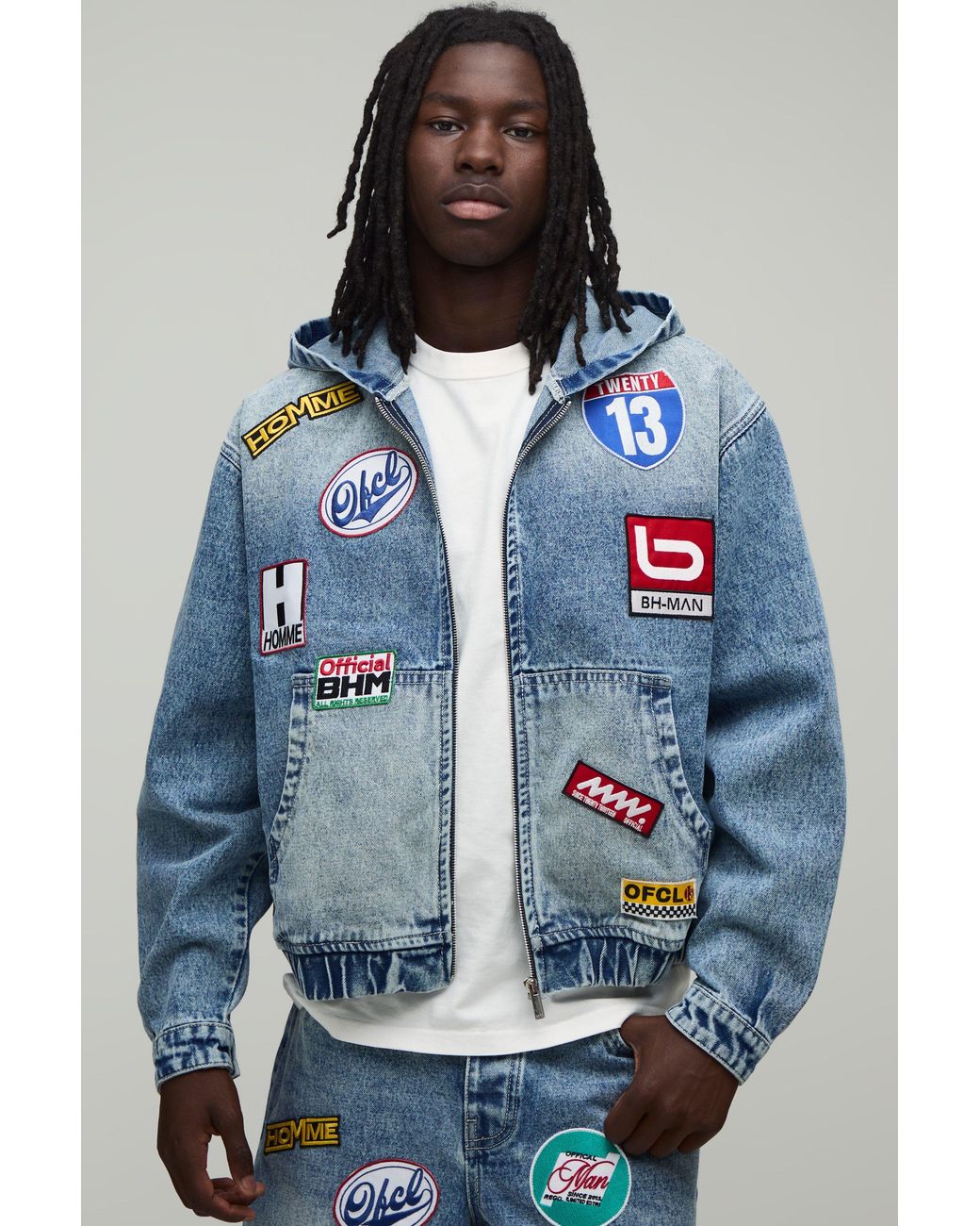 BoohooMAN Blue Moto Badge Boxy Denim Hoodie for men