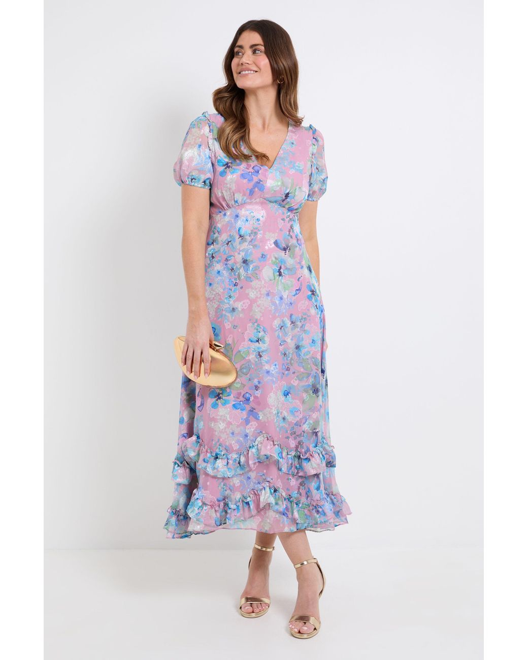 Wallis Multicolor Floral Satin Ruffle Hem Midaxi Dress