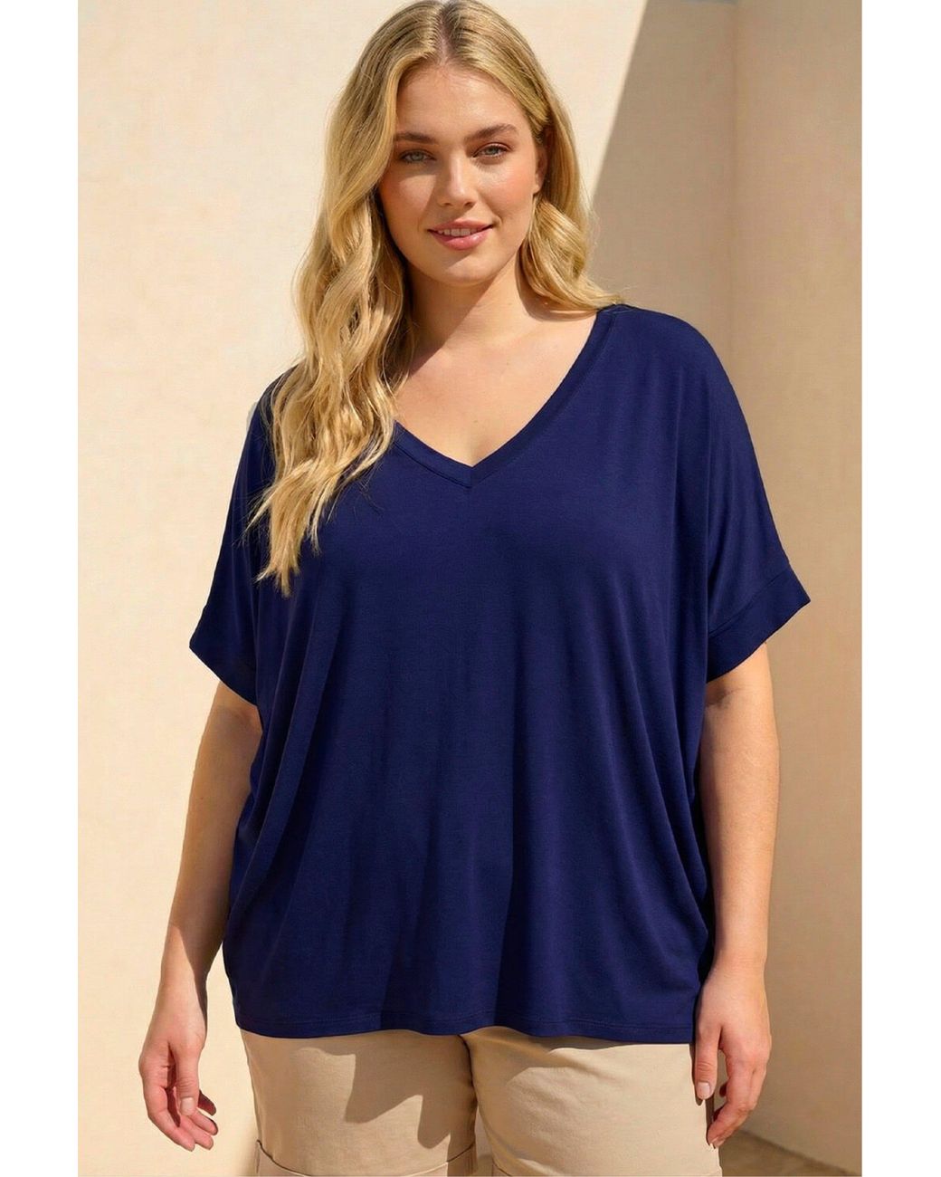 Roman Blue Curve V-Neck Stretch Top