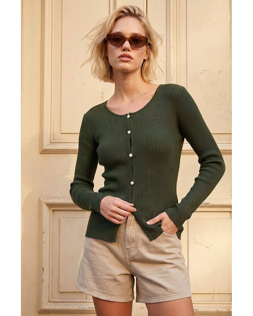 Roman Green Pearl Ribbed Knit Jumper